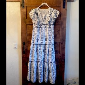 White & navy maxi ruffled dress